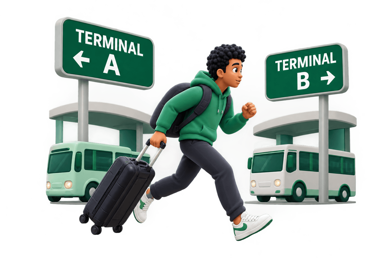 Person rushing between terminals with luggage